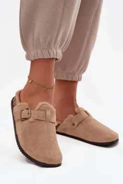 Hot Klapki Chodaki Damskie Ocieplane Futerkiem Z Klamrą Beżowe Sylisse Damskie Klapki Korkowe|Klapki Na Platformie