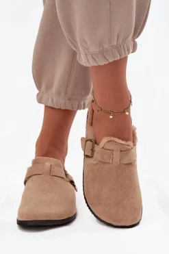 Hot Klapki Chodaki Damskie Ocieplane Futerkiem Z Klamrą Beżowe Sylisse Damskie Klapki Korkowe|Klapki Na Platformie