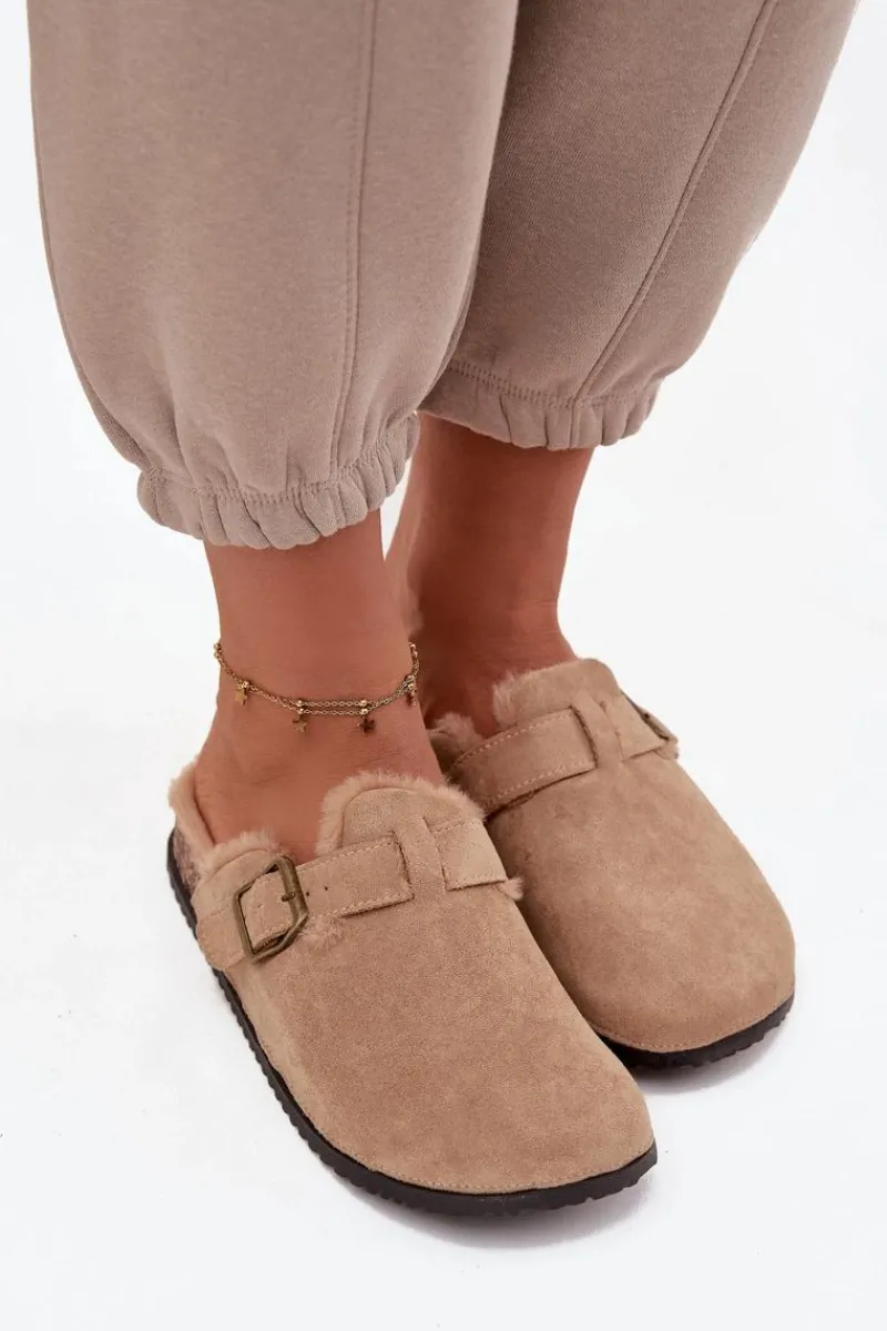 Hot Klapki Chodaki Damskie Ocieplane Futerkiem Z Klamrą Beżowe Sylisse Damskie Klapki Korkowe|Klapki Na Platformie