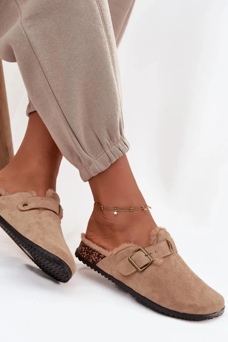 Hot Klapki Chodaki Damskie Ocieplane Futerkiem Z Klamrą Beżowe Sylisse Damskie Klapki Korkowe|Klapki Na Platformie