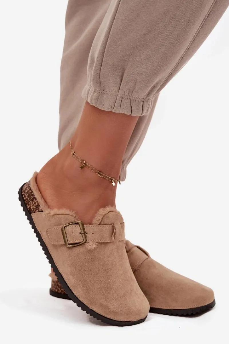 Hot Klapki Chodaki Damskie Ocieplane Futerkiem Z Klamrą Beżowe Sylisse Damskie Klapki Korkowe|Klapki Na Platformie