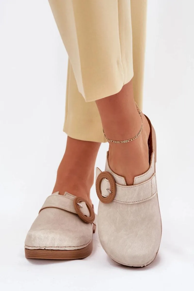 Klapki Damskie Klasyczne>INBLU Klapki Chodaki Damskie Z Klamrą TF000001 Beżowe