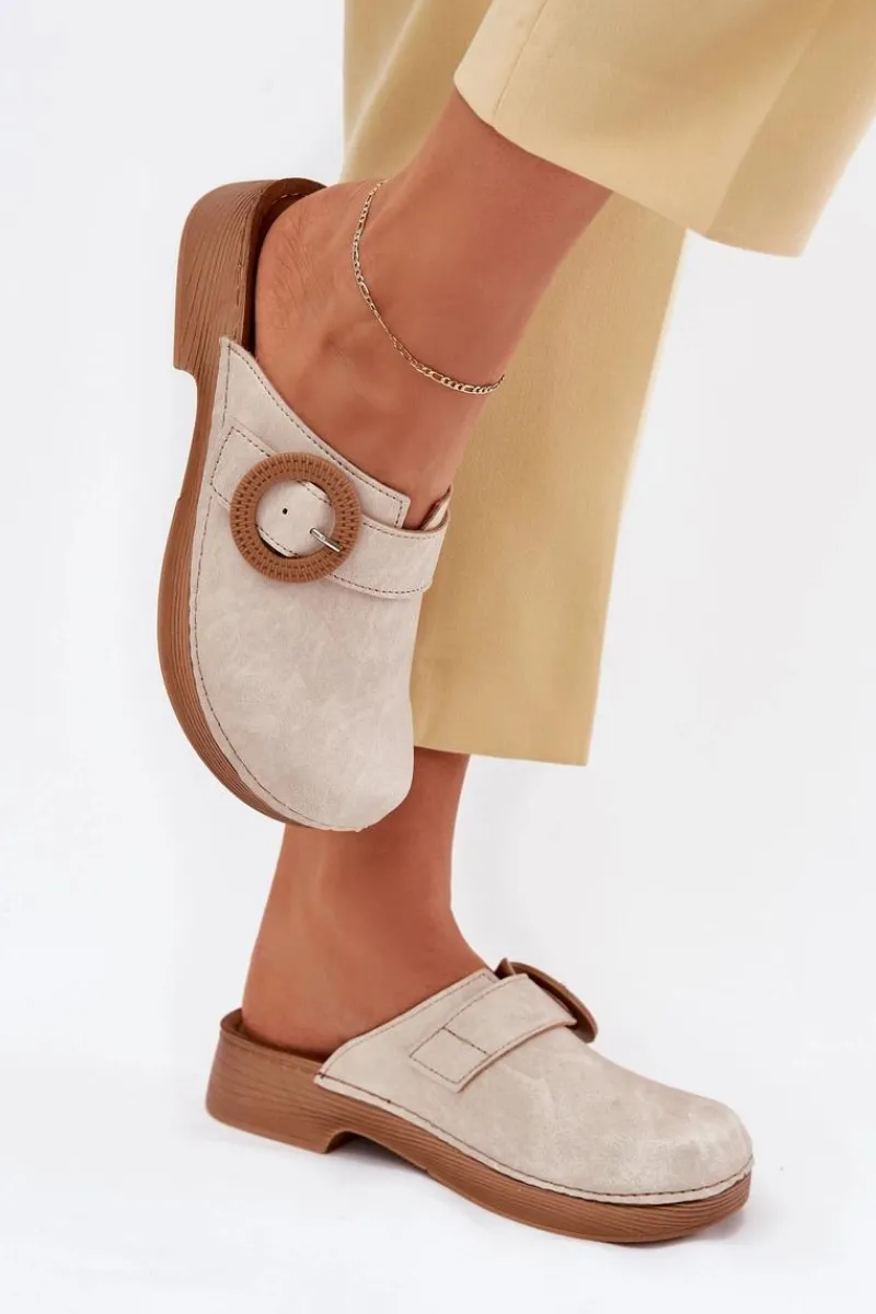 Klapki Damskie Klasyczne>INBLU Klapki Chodaki Damskie Z Klamrą TF000001 Beżowe