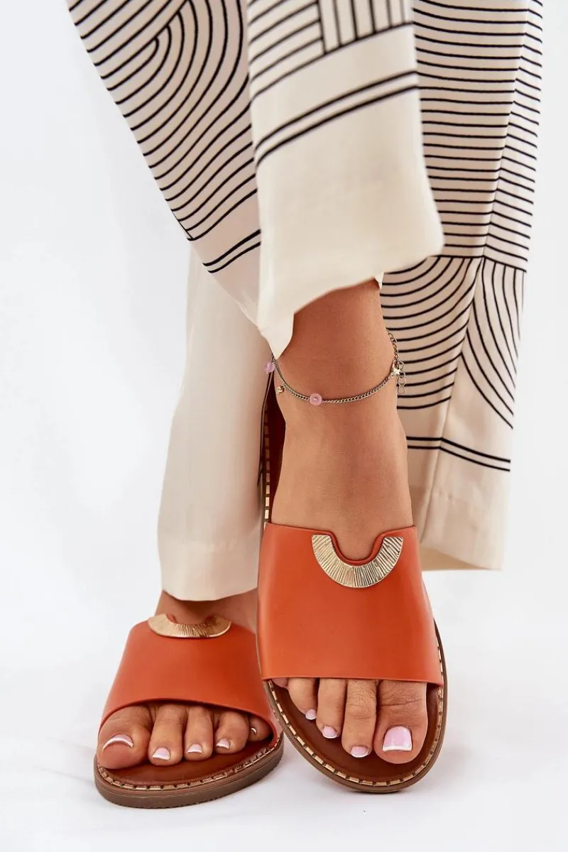 Clearance Boto Klapki Damskie Eko Skórzane Z Ozdobnymi Detalami Pomarańczowe Mevith Pomarańczowy