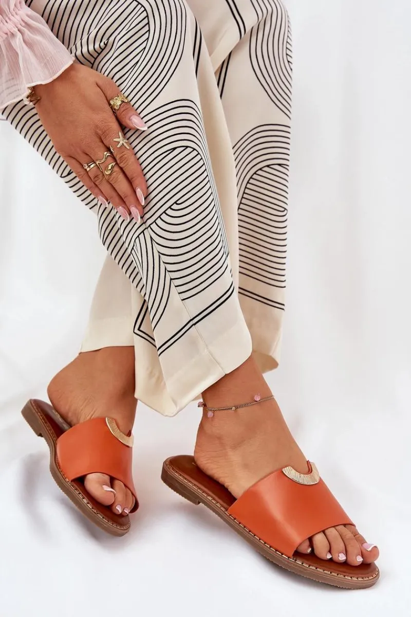 Clearance Boto Klapki Damskie Eko Skórzane Z Ozdobnymi Detalami Pomarańczowe Mevith Pomarańczowy