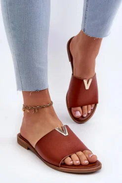 Klapki Damskie Klasyczne>Evento Klapki Damskie Eko Skórzane Na Płaskim Obcasie Brązowe Maliha Brązowy