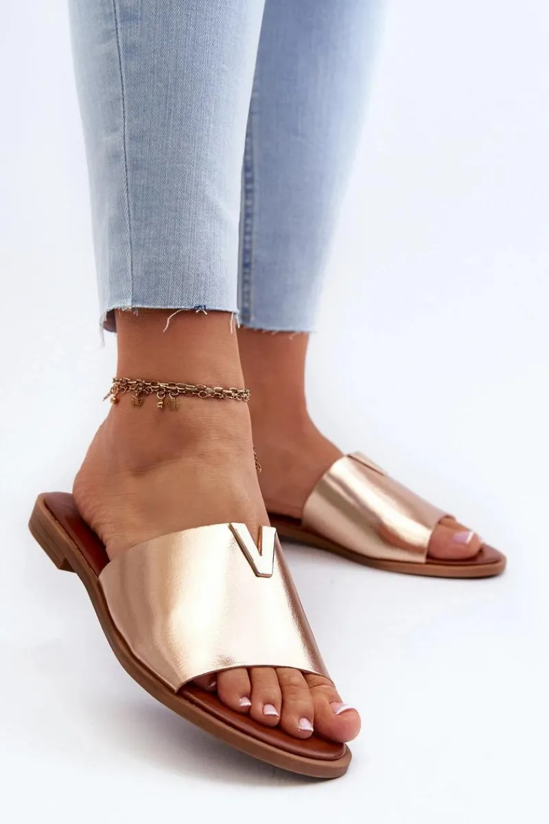 Hot Klapki Damskie Eko Skórzane Na Płaskim Obcasie Złote Maliha Damskie Klapki Damskie Klasyczne