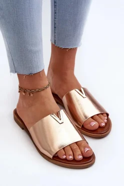 Hot Klapki Damskie Eko Skórzane Na Płaskim Obcasie Złote Maliha Damskie Klapki Damskie Klasyczne