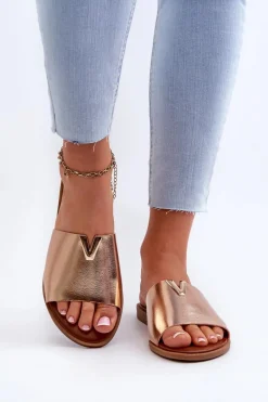 Hot Klapki Damskie Eko Skórzane Na Płaskim Obcasie Złote Maliha Damskie Klapki Damskie Klasyczne