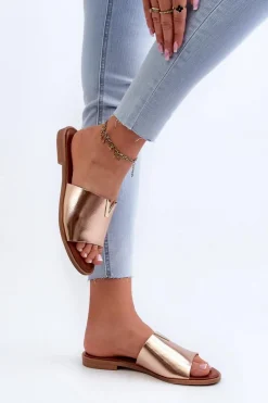 Hot Klapki Damskie Eko Skórzane Na Płaskim Obcasie Złote Maliha Damskie Klapki Damskie Klasyczne