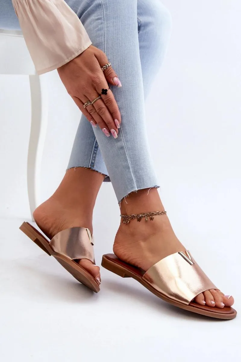 Hot Klapki Damskie Eko Skórzane Na Płaskim Obcasie Złote Maliha Damskie Klapki Damskie Klasyczne