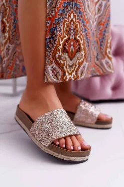 New Damskie buty S.Barski Klapki Damskie Eleganckie Gruba Podeszwa Złote Jersey