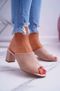 Hot Klapki Damskie Eleganckie Na Słupku Sergio Leone KL315 Beżowe Demilo Damskie Klapki Na Obcasie|Klapki Damskie Klasyczne