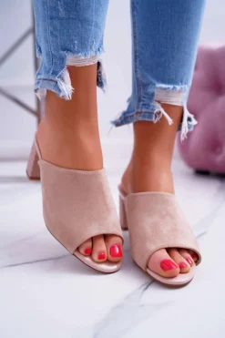 Hot Klapki Damskie Eleganckie Na Słupku Sergio Leone KL315 Beżowe Demilo Damskie Klapki Na Obcasie|Klapki Damskie Klasyczne