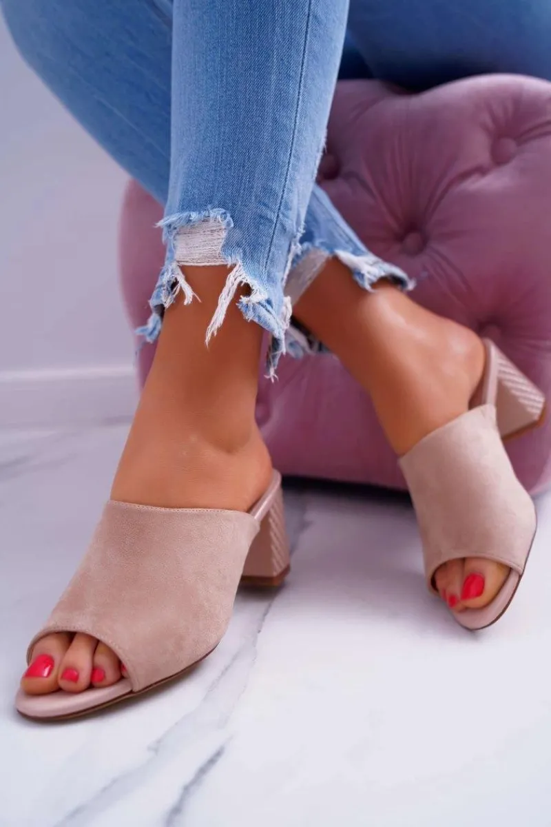 Hot Klapki Damskie Eleganckie Na Słupku Sergio Leone KL315 Beżowe Demilo Damskie Klapki Na Obcasie|Klapki Damskie Klasyczne