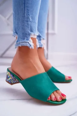 Klapki Na Obcasie|Klapki Damskie Klasyczne>Buty Sergio Leone Klapki Damskie Eleganckie Na Klocku Zamszowe Zielone Valencia