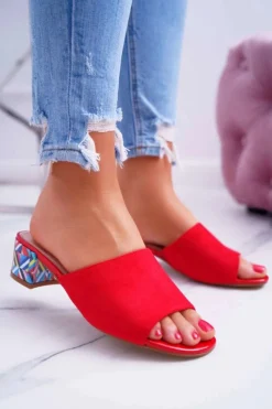 Clearance Buty Sergio Leone Klapki Damskie Eleganckie Na Klocku Zamszowe Czerwone Valencia