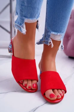 Clearance Buty Sergio Leone Klapki Damskie Eleganckie Na Klocku Zamszowe Czerwone Valencia