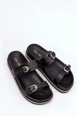 Sale Boto Klapki Damskie Gładkie Na Platformie Z Paskami I Klamrami Czarne Ziferte Czarny