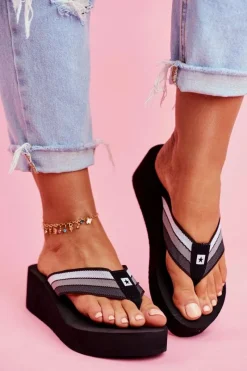 Online Klapki Damskie Japonki Big Star na Koturnie Czarne FF274A300 Damskie Klapki Na Koturnie|Klapki Na Obcasie