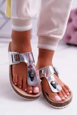 Best Klapki Damskie Japonki Na Korku Lakierowane Srebrne Palette Damskie Klapki Korkowe|Klapki Damskie Japonki