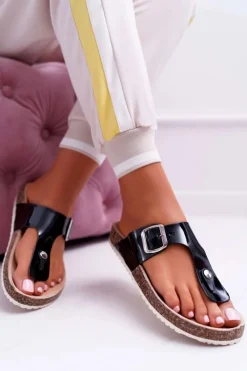 New Klapki Damskie Japonki Na Korku Lakierowane Czarne Palette Damskie Klapki Korkowe|Klapki Damskie Japonki