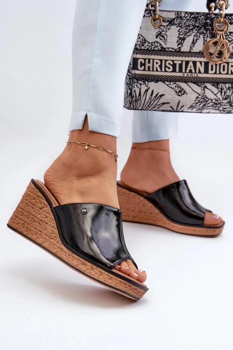 Outlet Buty Sergio Leone Klapki Damskie Lakierowane Na Koturnie Sergio Leone KL213 Czarne