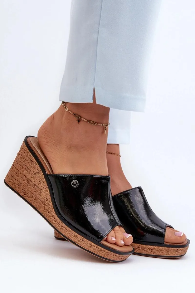 Outlet Buty Sergio Leone Klapki Damskie Lakierowane Na Koturnie Sergio Leone KL213 Czarne