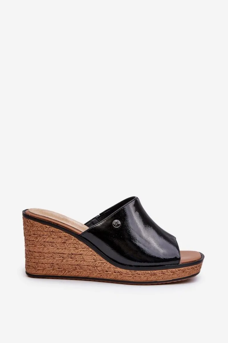 Outlet Buty Sergio Leone Klapki Damskie Lakierowane Na Koturnie Sergio Leone KL213 Czarne