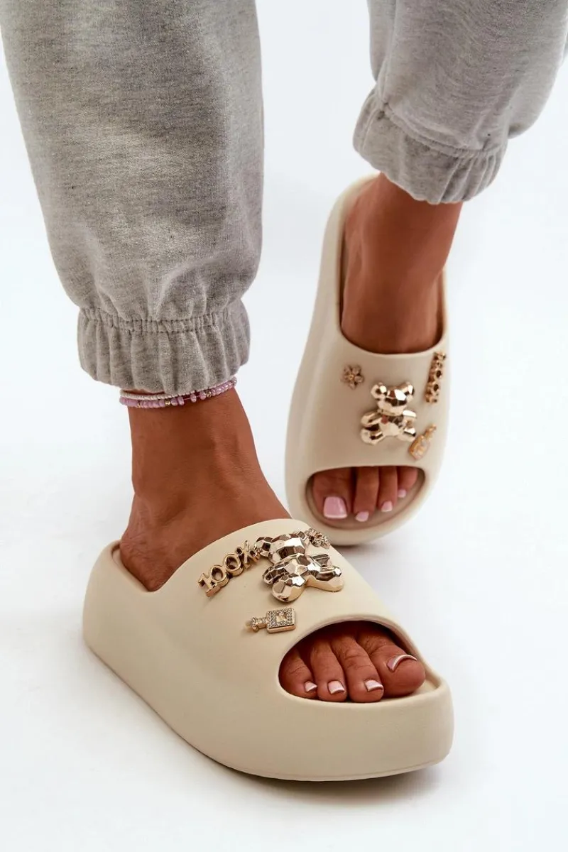 Clearance Klapki Damskie Lekkie Piankowe Z Ozdobami Beżowe Orchia Damskie Klapki Basenowe|Klapki Na Platformie