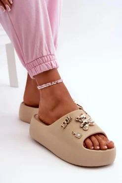 New Boto Klapki Damskie Lekkie Piankowe Z Ozdobami Ciemnobeżowe Orchia