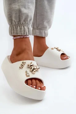 Online Klapki Damskie Lekkie Piankowe Z Ozdobami Białe Orchia Damskie Klapki Basenowe|Klapki Na Platformie