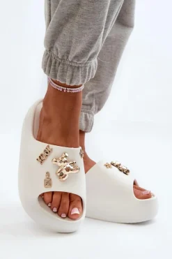 Online Klapki Damskie Lekkie Piankowe Z Ozdobami Białe Orchia Damskie Klapki Basenowe|Klapki Na Platformie