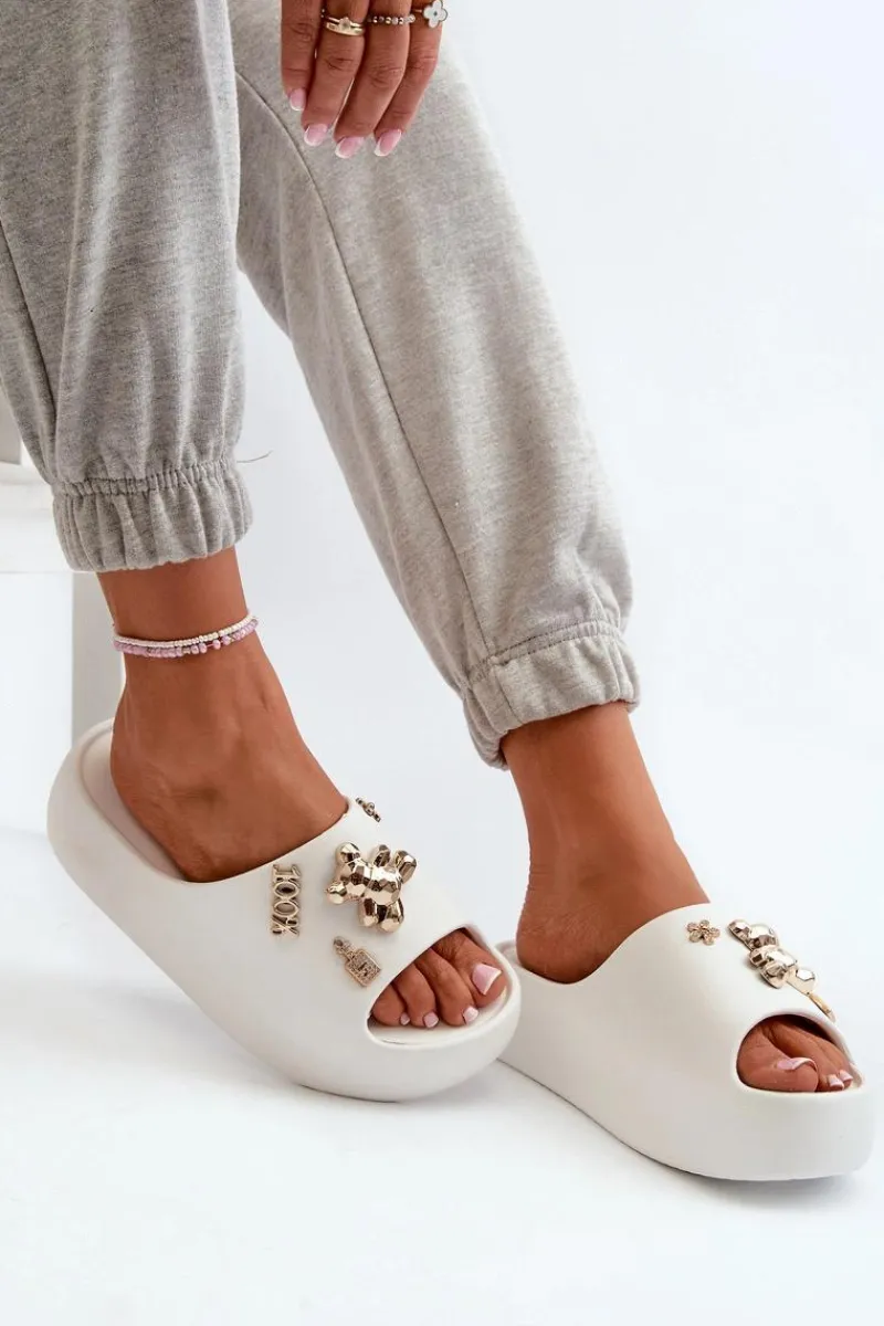 Online Klapki Damskie Lekkie Piankowe Z Ozdobami Białe Orchia Damskie Klapki Basenowe|Klapki Na Platformie