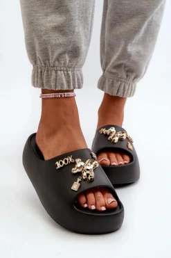 Outlet Boto Klapki Damskie Lekkie Piankowe Z Ozdobami Czarne Orchia Czarny