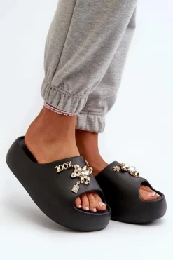 Outlet Boto Klapki Damskie Lekkie Piankowe Z Ozdobami Czarne Orchia Czarny