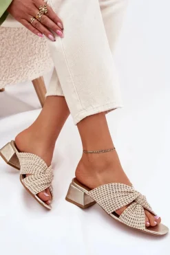 Maciejka Klapki Damskie Na Klocku 06955-25 Beżowo-Złote Beżowy