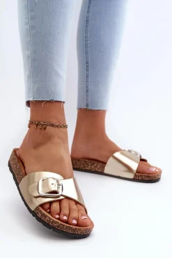 Sale Boto Klapki Damskie Na Korkowej Platformie Z Klamrą Złote Moaxi