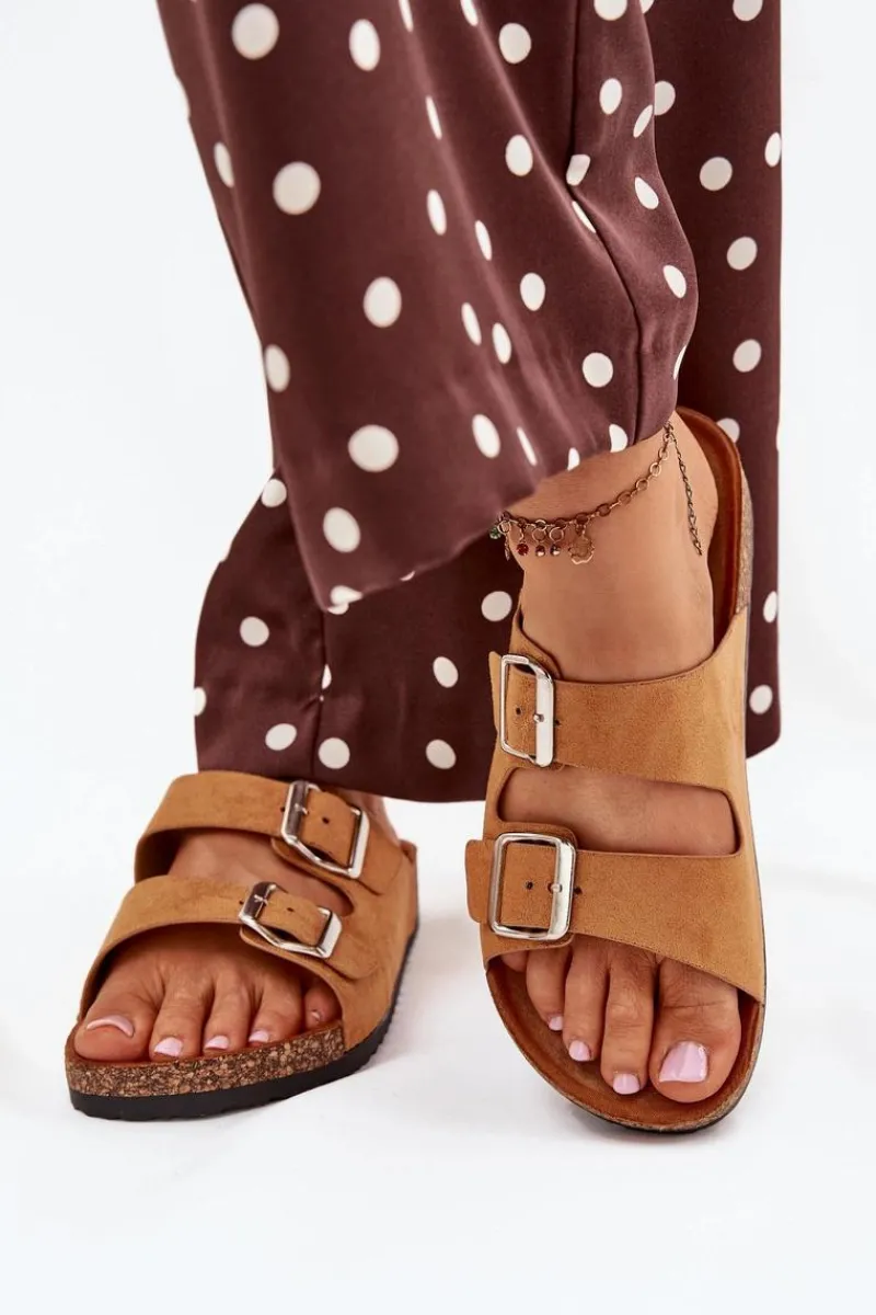 Sale Boto Klapki Damskie Na Korkowej Platformie Z Klamrami Camel Livara Brązowy