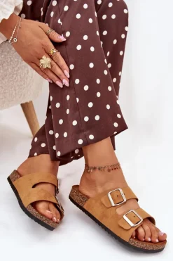 Sale Boto Klapki Damskie Na Korkowej Platformie Z Klamrami Camel Livara Brązowy