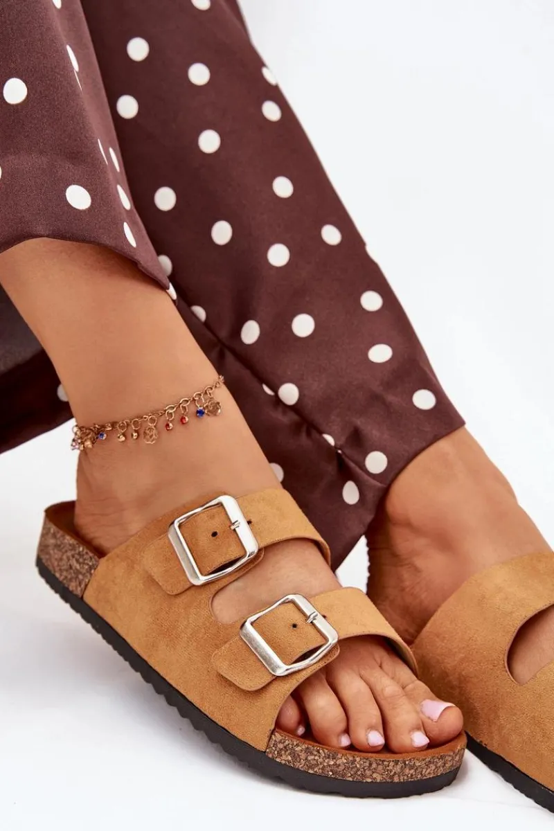 Sale Boto Klapki Damskie Na Korkowej Platformie Z Klamrami Camel Livara Brązowy