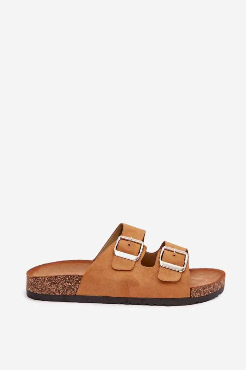 Sale Boto Klapki Damskie Na Korkowej Platformie Z Klamrami Camel Livara Brązowy