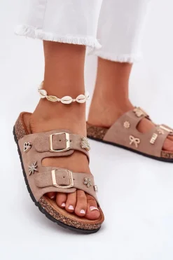 Online Boto Klapki Damskie Na Korkowej Podeszwie Z Klamrami I Przypinkami Khaki Efadelis