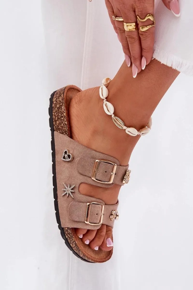 Online Boto Klapki Damskie Na Korkowej Podeszwie Z Klamrami I Przypinkami Khaki Efadelis