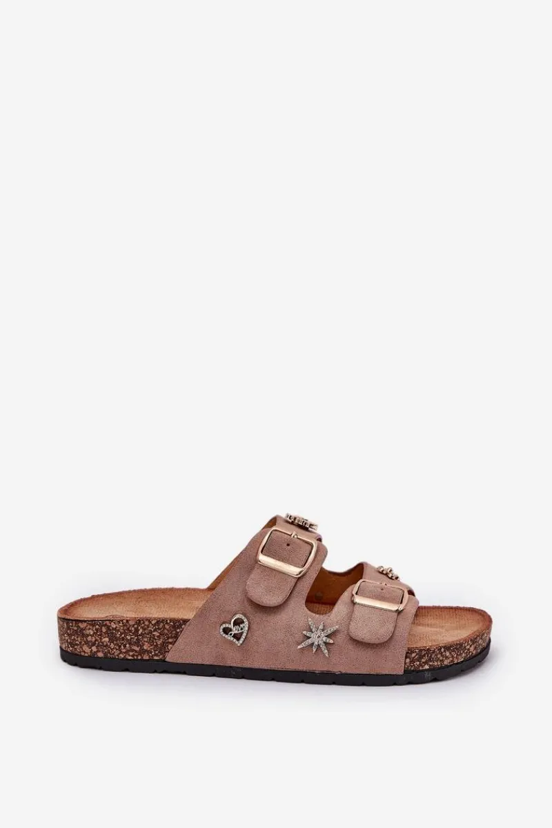 Online Boto Klapki Damskie Na Korkowej Podeszwie Z Klamrami I Przypinkami Khaki Efadelis