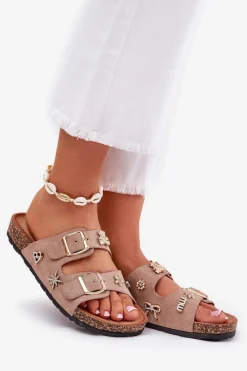 Online Boto Klapki Damskie Na Korkowej Podeszwie Z Klamrami I Przypinkami Khaki Efadelis