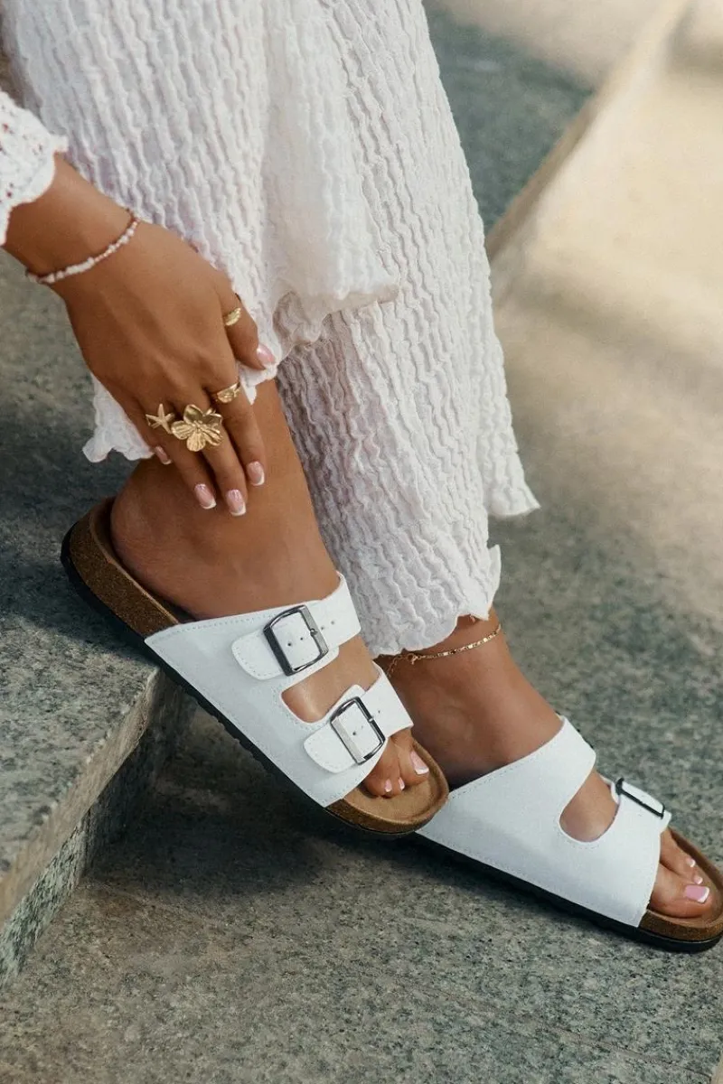 Online Klapki Damskie Na Korkowej Platformie Z Klamrami Białe Redore Damskie Klapki Korkowe|Klapki Na Platformie