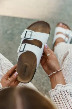 Online Klapki Damskie Na Korkowej Platformie Z Klamrami Białe Redore Damskie Klapki Korkowe|Klapki Na Platformie