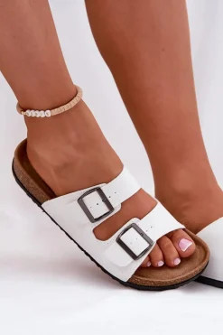 Online Klapki Damskie Na Korkowej Platformie Z Klamrami Białe Redore Damskie Klapki Korkowe|Klapki Na Platformie