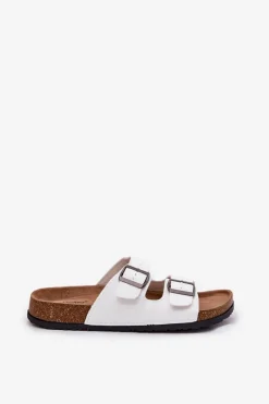 Online Klapki Damskie Na Korkowej Platformie Z Klamrami Białe Redore Damskie Klapki Korkowe|Klapki Na Platformie